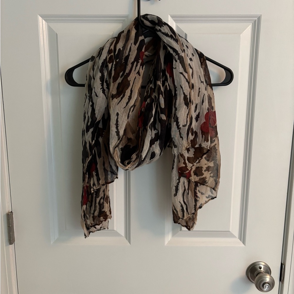 Animal Print Scarf with Red & Floral Accents